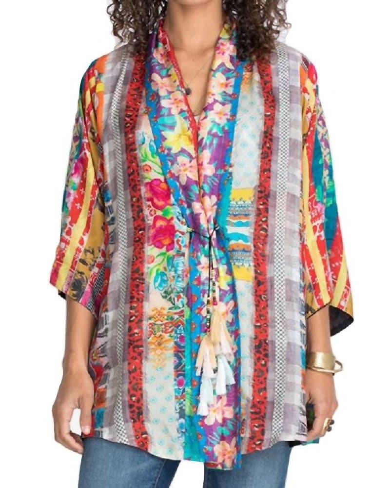 Front of a model wearing a size Large Friendship Anastasia Kimono in Multi in Multi by Johnny Was. | dia_product_style_image_id:334125